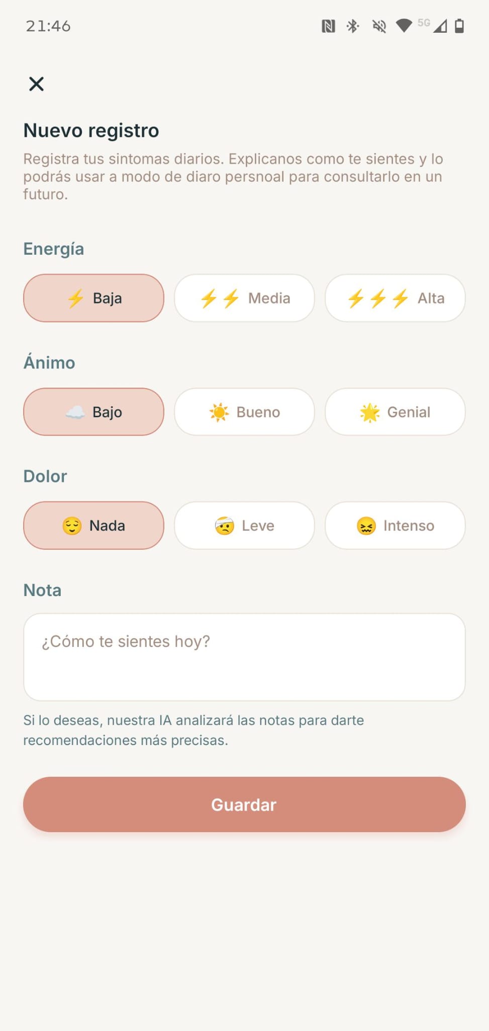 Nuevo registro de síntomas en Marea