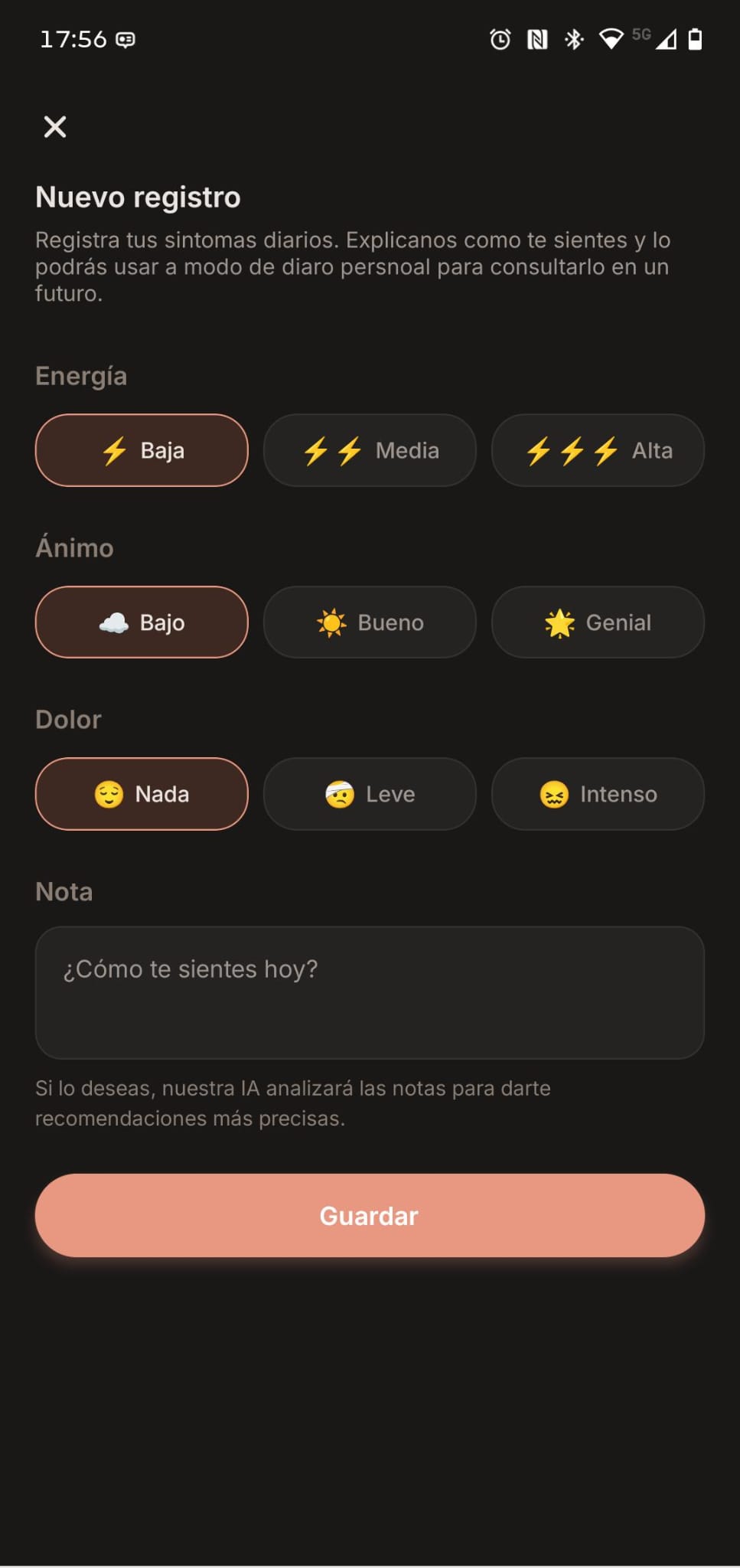 Nuevo registro de síntomas en Marea