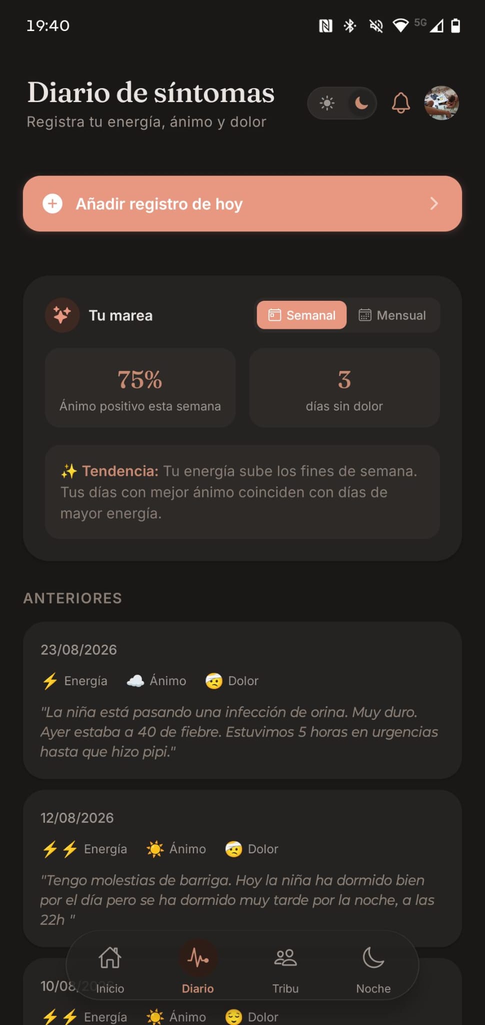 Pantalla de registro de síntomas de Marea
